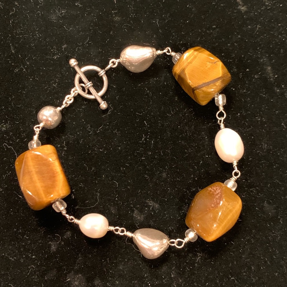 Sterling Silver, Tigereye, and Pearl Bracelet